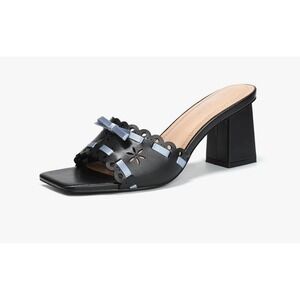 NEW‎ Black Square Toe Heeled Mules, Scalloped Cut,  Blue Bow Womens Size 12